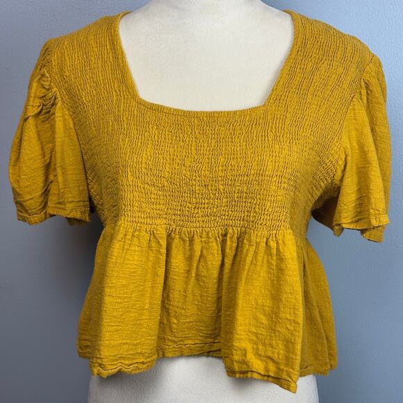 Earthbound 100% Cotton Mustard Yellow Smocked Ruffle Crop Puff Sleeve X Large - Picture 1 of 7